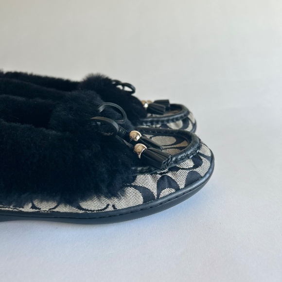 Coach Grey Black Canvas Sheepskin Fur Rubber Outsole Slippers size 7.5 - Picture 12 of 13